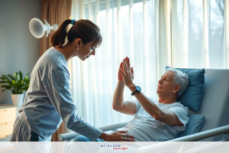 The image depicts a hospital setting where a medical professional is assisting an elderly patient. The focus is on the interaction between the caregiver and the patient, which could be part of a healthcare-related service or campaign. The environment appears clean and well-lit, suggesting a modern healthcare facility.