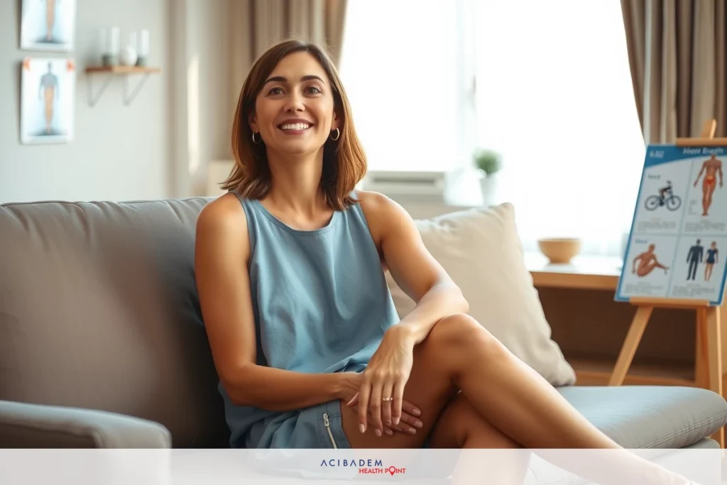 The image shows a woman sitting on a couch in an indoor setting. She is wearing a sleeveless dress and appears to be relaxed. The room has a modern look with clean lines and neutral colors. In front of the woman there are informational posters or flyers displayed on an easel, which suggests she might be in a professional or educational environment.