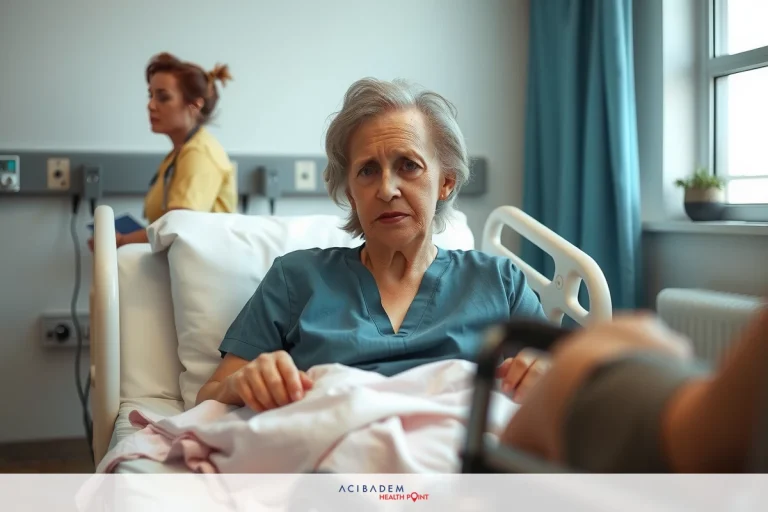The image shows a hospital setting with two individuals inside an examination or treatment room. A woman is seated on a bed in the foreground, dressed in hospital attire and appears to be undergoing some form of medical procedure or receiving care. She has grey hair and is looking towards the camera with a focused expression. Another person stands in the background, wearing scrubs, possibly a healthcare professional providing assistance or monitoring the situation.