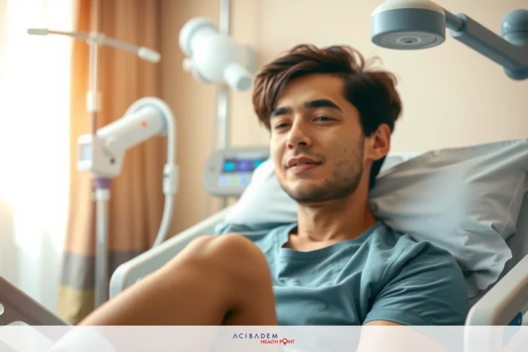 A young man is sitting in a hospital bed. He has short hair and is wearing a light blue t-shirt. The room appears to be a typical medical setting with medical equipment visible.