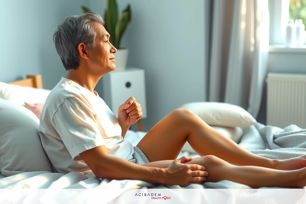 An elderly man lying on a bed, wearing pajamas. He is smiling and appears to be comfortable in his home environment.