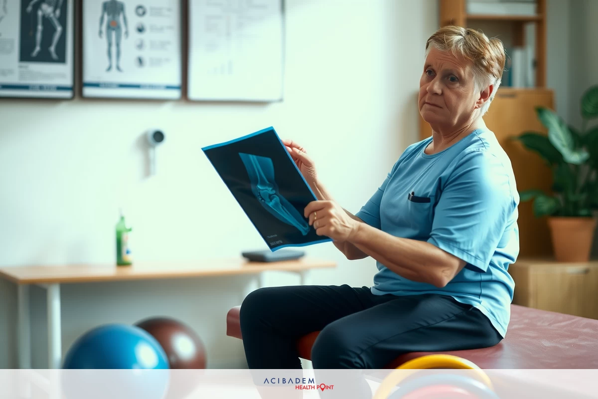 In the image, there is a woman who appears to be in her senior years sitting on an exercise mat. She has light blue workout attire on and is holding what looks like a piece of paper or card with exercises printed on it.
