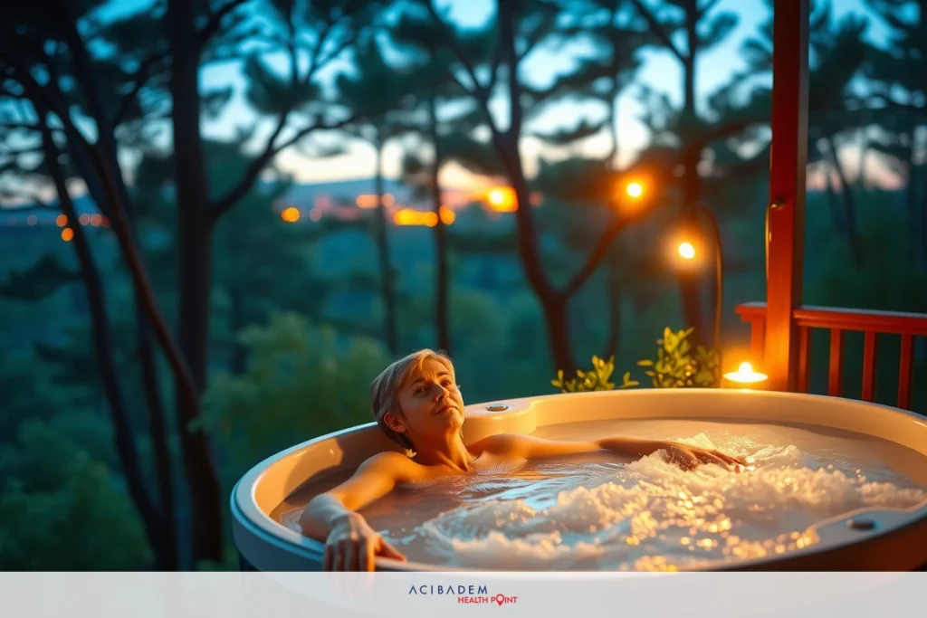 Numb Lips Explained: Causes and Implications A woman is sitting in an outdoor hot tub at sunset. The tub is surrounded by trees, and there are lights on the deck area above her.