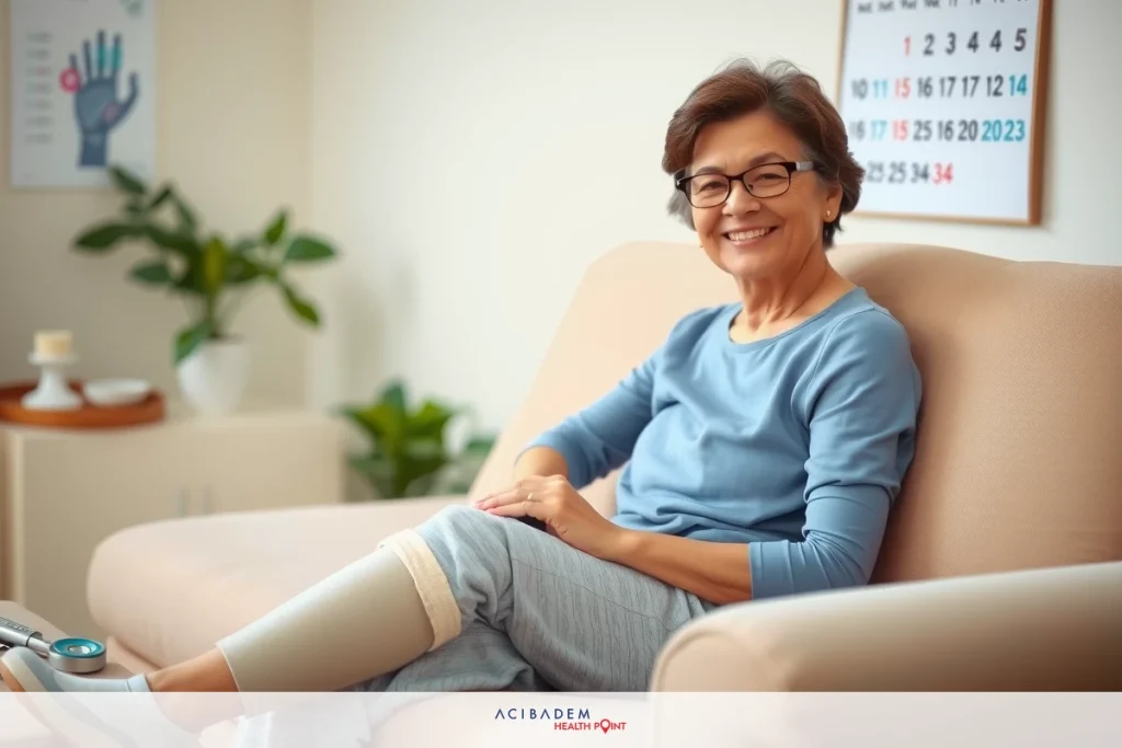 Red Ears Self-Care Basics: Tips for Relief An elderly woman sits in a room on a couch with her legs crossed. She is wearing glasses and has an ACE bandage around one leg. There is a plant in the background.