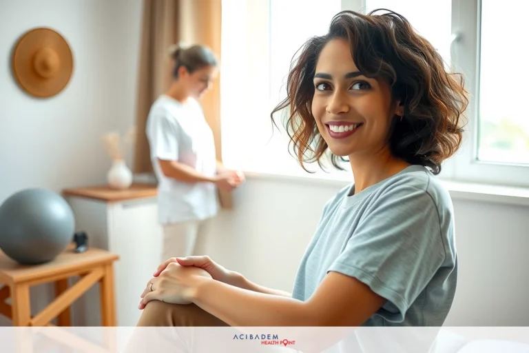 The image portrays a smiling woman seated in an interior space, presumably waiting for someone. She is dressed in casual attire, suggesting a relaxed or informal setting.