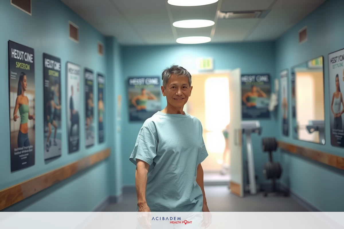 The image features a person wearing medical scrubs, standing in the middle of a hallway with gym posters on the walls. The individual appears to be at ease and is looking directly into the camera with a gentle expression.