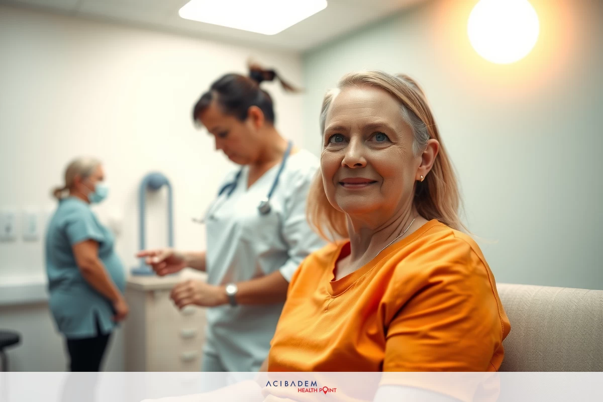 This image depicts a healthcare setting where a woman sits on a medical table and receives attention from a medical staff. The environment suggests a clinical setting with professional attire worn by the personnel present.