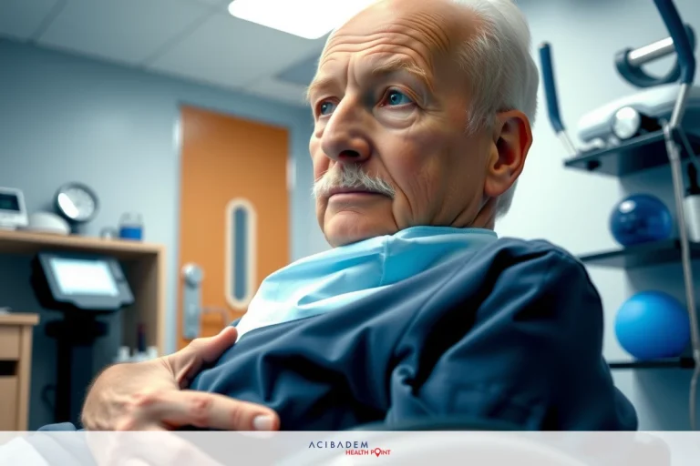 The image shows a male patient in a medical clinic. He is seated and facing the camera with his hands resting on his lap. The clinic has a modern, sterile look with medical equipment visible in the background.