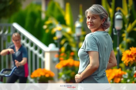 An older woman in a grey t-shirt looks over her shoulder to her left. She is standing outdoors near flowers and a staircase, with another person nearby wearing a blue top. The environment suggests it might be late afternoon.