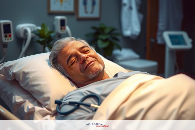 The image shows an elderly man lying in a hospital bed. He appears relaxed with his eyes closed, possibly sleeping or resting. The room has medical equipment and monitoring devices around the bed, indicating that he is under medical care.