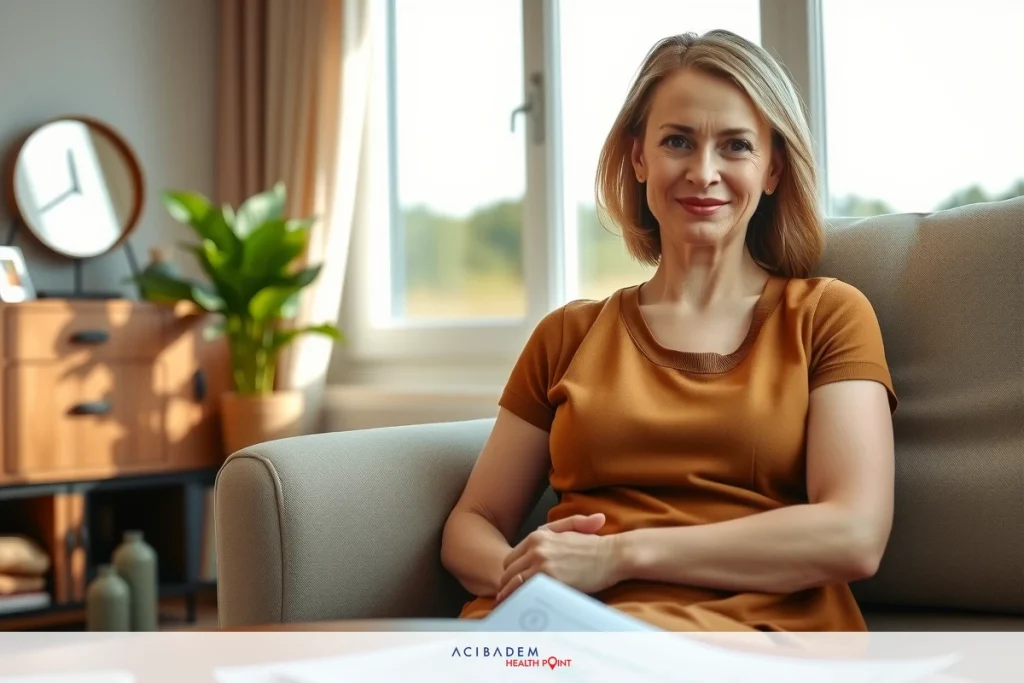 Nose Dryness – Simple Tips to Relieve Discomfort In the image, there is a woman seated on a beige sofa. She is wearing a brown blouse and has papers in front of her. The room appears to be a modern living area with neutral tones.