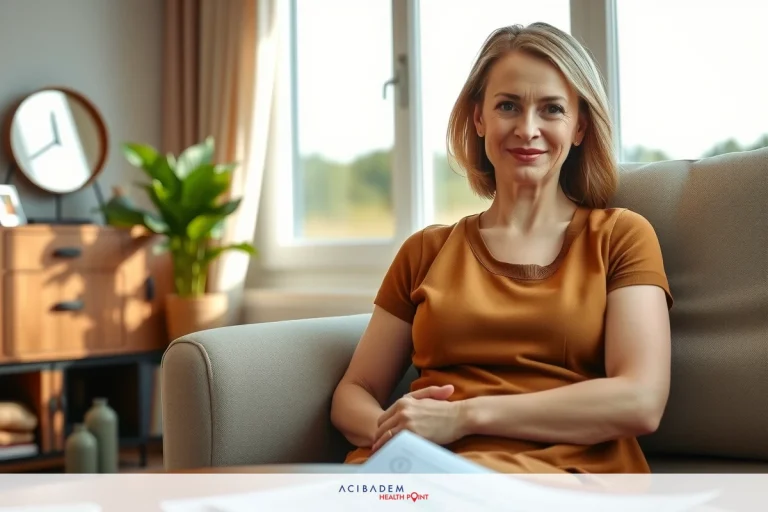 In the image, there is a woman seated on a beige sofa. She is wearing a brown blouse and has papers in front of her. The room appears to be a modern living area with neutral tones.