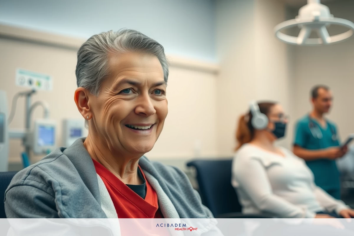 The image is a realistic photograph of an older woman smiling and sitting in what appears to be a hospital setting. She has short grey hair, suggesting she may be a patient or visitor at the facility. In the background, there are medical professionals, including nurses and possibly a doctor, who seem to be interacting with other patients or visitors, providing a sense of care and support within the healthcare environment.