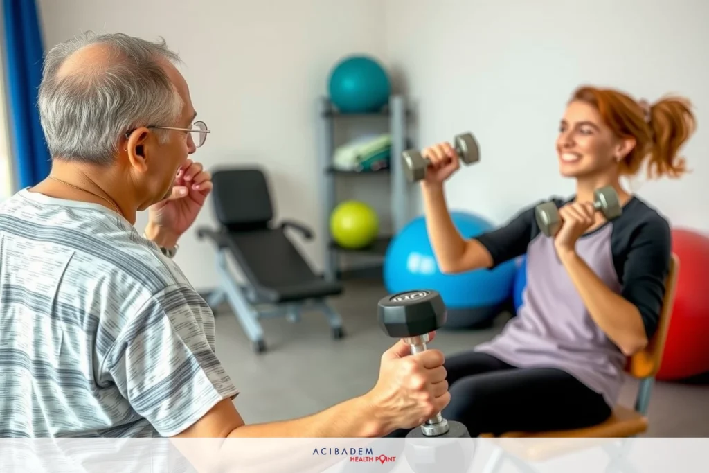 Ease Hand Cramps Fast: Quick Remedies Guide An older man and a younger woman in a gym, working out with weight machines. They are surrounded by exercise balls, weights, and other fitness equipment.