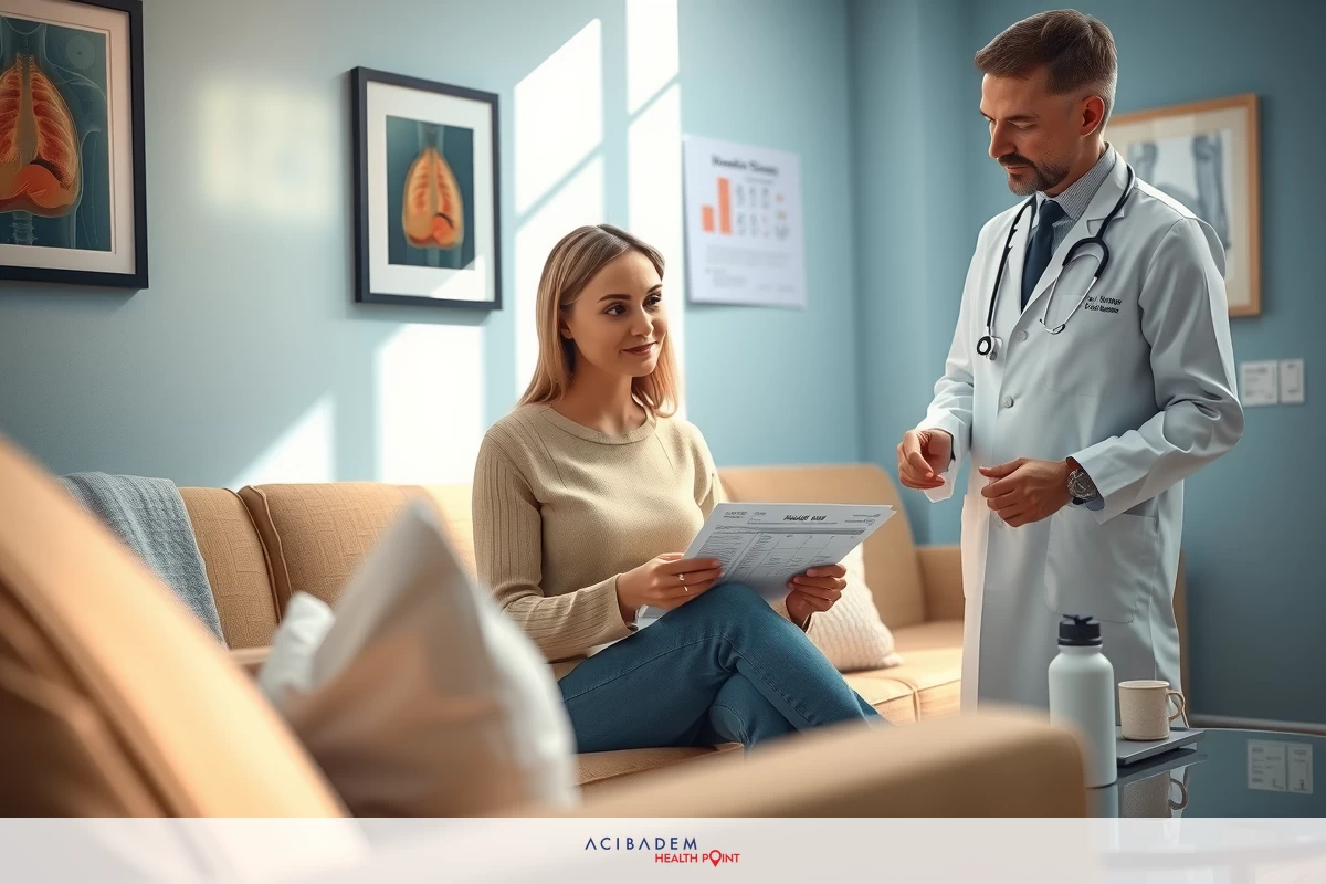 Two people in a doctor's office, with the doctor standing and examining a patient who is seated on a couch. The office has a calm atmosphere with natural light coming through windows.