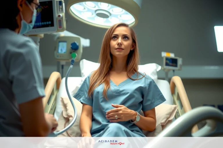 The image shows a medical scene where a woman is lying on a hospital bed, possibly receiving treatment or awaiting test results. There are a medical professional present in the room, suggesting a healthcare setting. The environment appears sterile and focused on patient care.