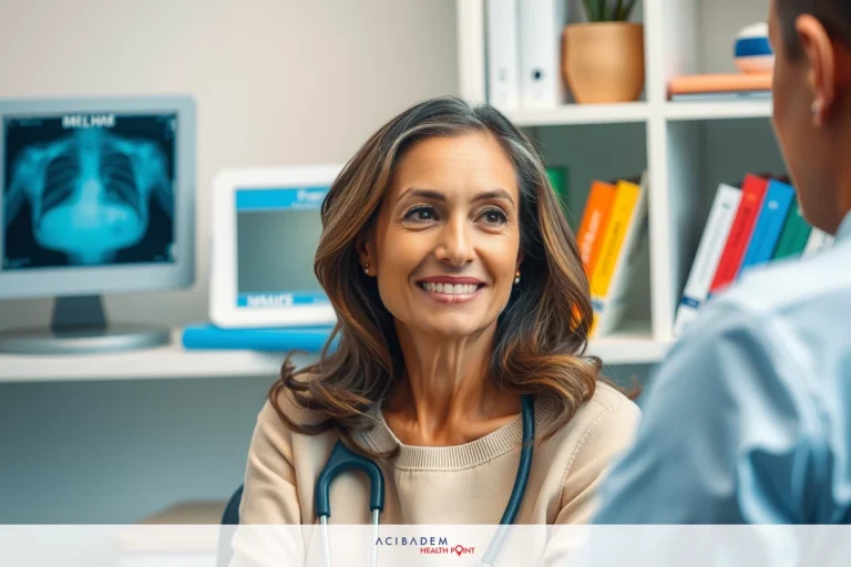 A medical doctor is seated and conversing with a patient in an office. The female physician is smiling, engaged in the consultation. She wears a stethoscope around her neck. Books and medical equipment are visible on shelves behind them, indicating a professional environment.