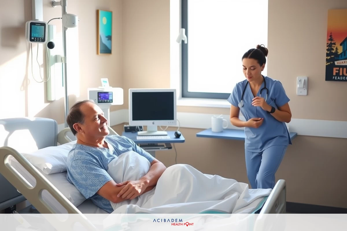 The image depicts a healthcare professional, likely a nurse, attending to a patient in a hospital setting. The man is lying on a bed with medical equipment surrounding him, suggesting that he may be receiving care or treatment for an illness or injury.