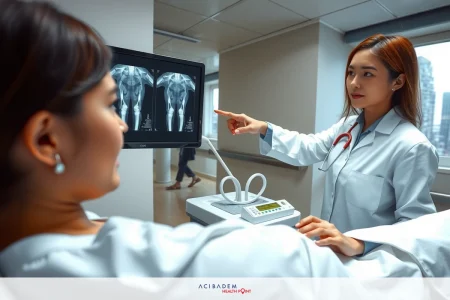 The image shows a medical setting where two women are interacting. One woman is seated, wearing a hospital gown. The other woman stands at her side, also dressed in a white coat, suggesting she may be a healthcare professional, possibly a doctor or radiologist. Both women are facing a medical screen displaying an X-ray image. In the background, there is additional medical equipment indicating that this scene takes place within a hospital environment.