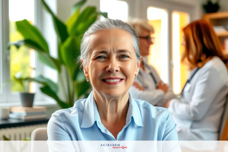 An older woman, smiling broadly, sits in a waiting area of a medical clinic. She is wearing a light blue blouse and has short gray hair. Behind her is a group of medical professionals engaged in discussion among themselves. The setting includes indoor plants and modern decor.