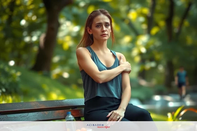 Shoulder Spasms – Explained Simply: Causes & Relief The image features a woman sitting on a park bench, wearing a sleeveless top. She has her hands resting on her arms, looking contemplative with a slight frown. The environment is an outdoor park setting with trees in the background and other people walking in the distance.