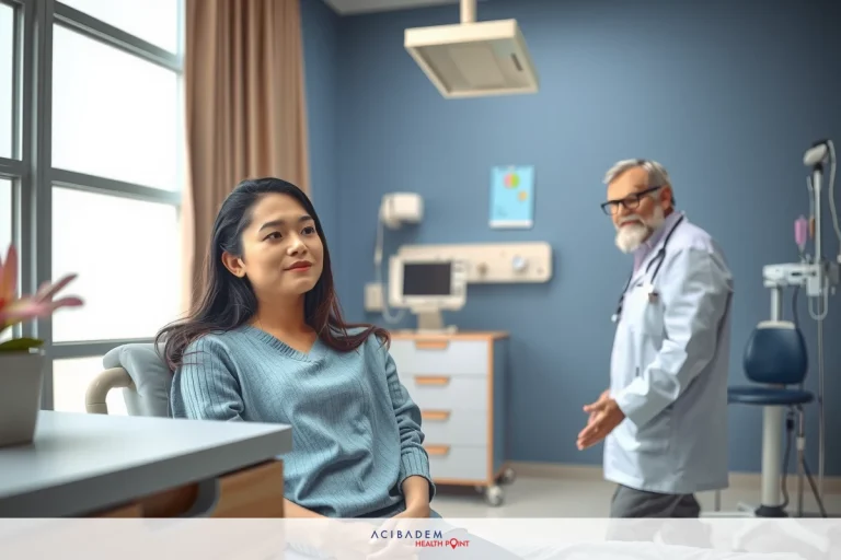 In a well-lit medical office, an Asian woman in blue scrubs is seated on an examination bed. Across from her stands a male doctor wearing a stethoscope, seemingly explaining to the patient about her health condition. The room features a window offering natural light, and various medical equipment and supplies are visible, such as a pulse oximeter, a digital thermometer, and a desk with a computer monitor.