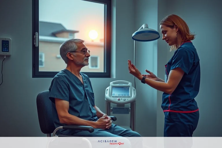 Sinus Headaches: Simple Solutions for Relief In a clinical setting, an elderly man wearing a surgical gown sits in a patient chair. He appears to be engaged with a healthcare professional standing next to him. There is medical equipment in the room and natural light comes in from a window.