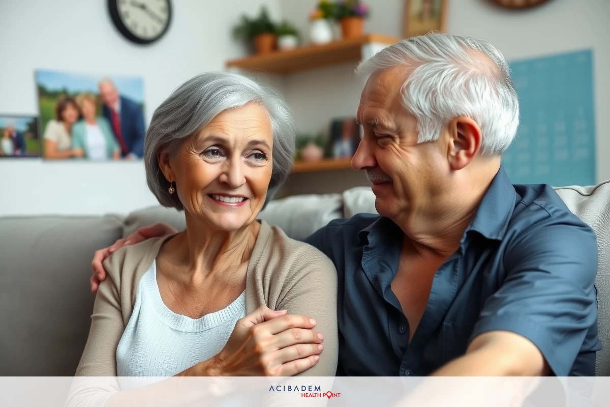 Smiling elderly couple sitting on a sofa in the living room. A warm family atmosphere with personal items such as photographs and potted plants.