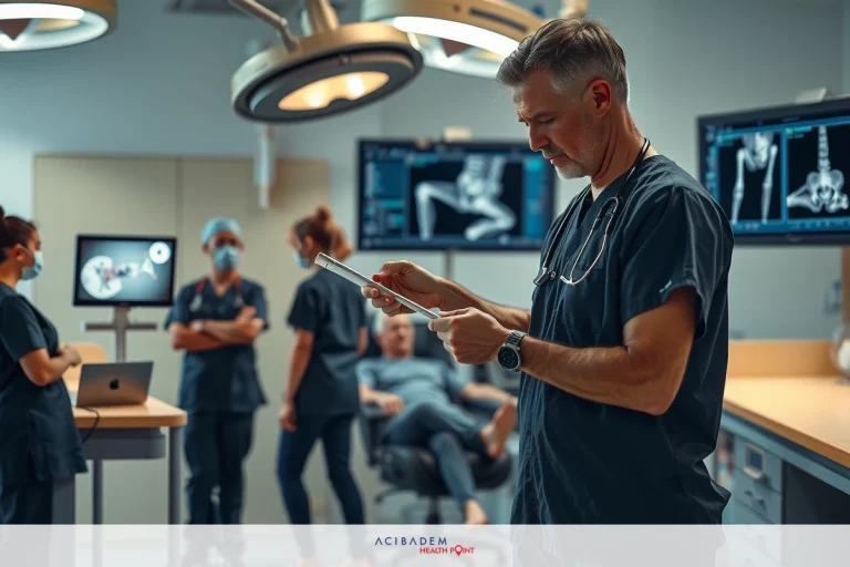 A medical team in an operating room. A surgeon is examining a patient's x-ray. The team includes doctors and nurses dressed in scrubs, all focused on the task at hand.