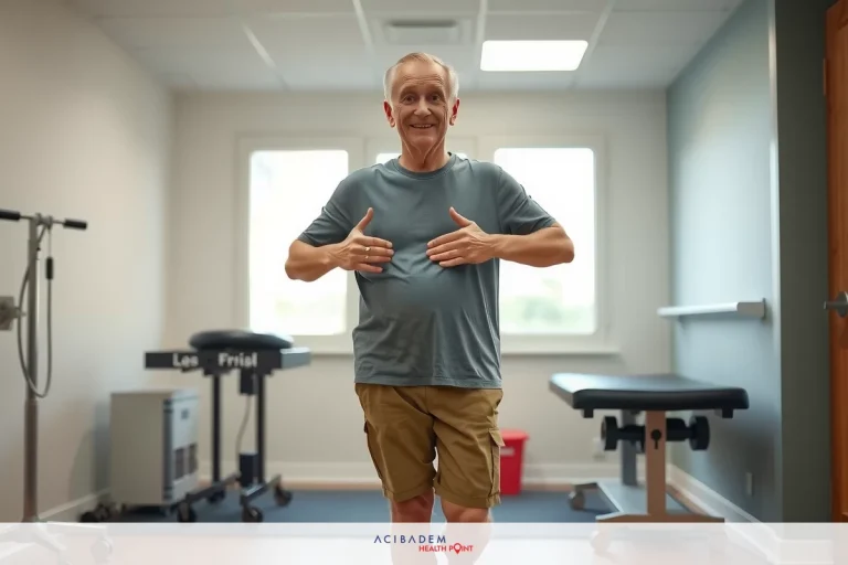 Mild Inflammation Symptoms Explained: Spot the Signs The image shows an elderly man in a medical examination room. He is standing and appears to be wearing athletic clothing, with his arms outstretched as if he's stretching or performing some form of exercise.