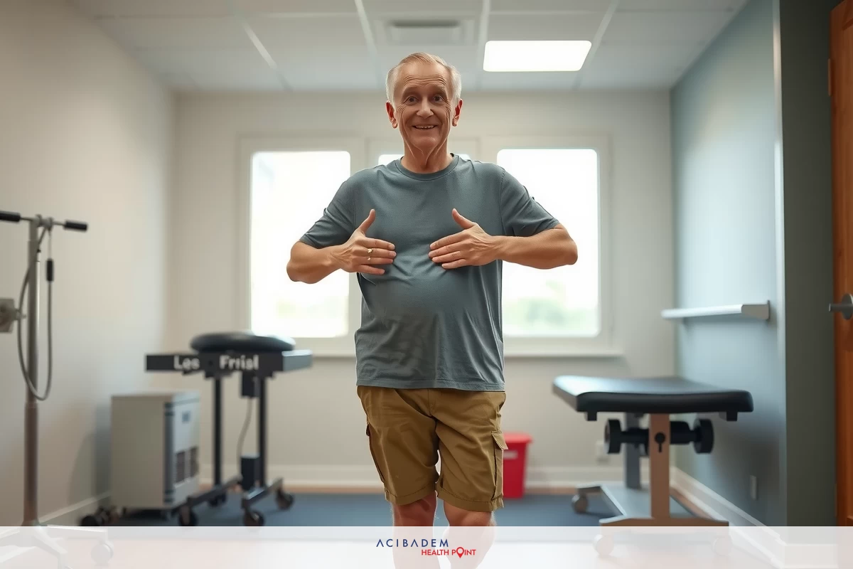 The image shows an elderly man in a medical examination room. He is standing and appears to be wearing athletic clothing, with his arms outstretched as if he's stretching or performing some form of exercise.