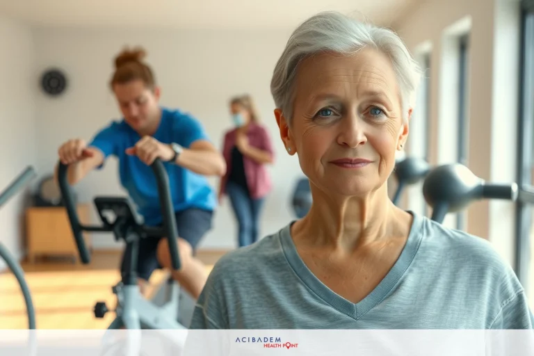 The image depicts a gym setting with various fitness equipment. A woman stands prominently in the foreground, facing to the side. Behind her, there is another person on an exercise bike.