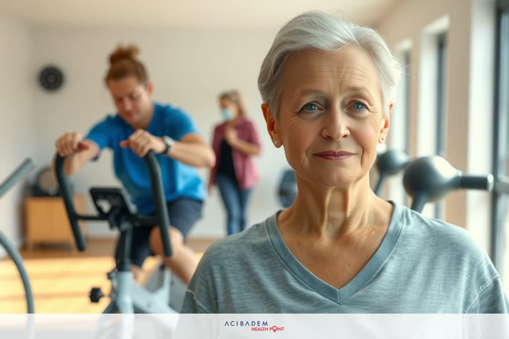 The image depicts a gym setting with various fitness equipment. A woman stands prominently in the foreground, facing to the side. Behind her, there is another person on an exercise bike.