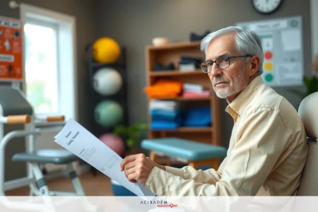 Eye Twitching – Simple Solutions to Stop the Twitch The image shows a man seated in an office environment with exercise equipment, including exercise balls and mats. He is wearing glasses and reading or writing on papers held in his hands.
