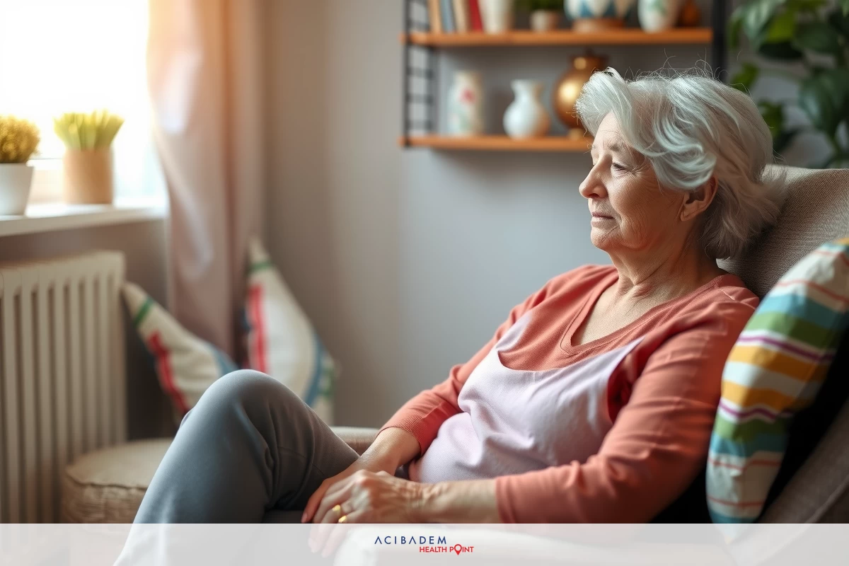 An elderly woman sitting in a cozy living room. She is comfortably seated on a couch, with her hands clasped together and she appears to be looking off to the side.