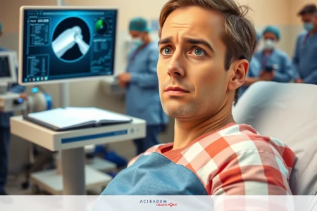 The image shows a man lying in a hospital bed. He is wearing a red and white striped shirt. Around him are medical personnel who appear to be focused on their tasks.