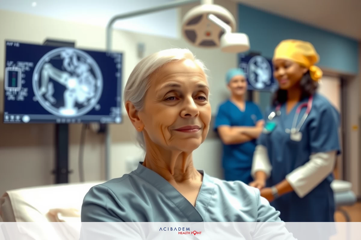 In the image, an elderly woman is sitting on a medical examination table in what appears to be an operating room. She has short hair and is wearing a light blue gown. Behind her, two doctors or nurses are standing.