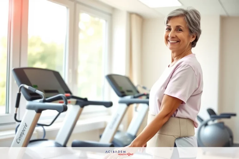 Stiff Neck Relief – Essential Health Care Tips The image features a woman standing in a gym, smiling and looking towards the camera. She is wearing a pink top. Behind her are two treadmills with windows on one side allowing natural light to enter the room. The environment appears clean and well-lit.