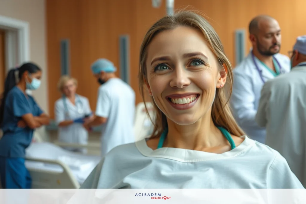 Stomach Cramps – Explained Simply: Causes & Relief The image shows a woman smiling in an operating room. She is wearing a medical gown and appears to be a patient undergoing surgery. There are several medical personnel visible, including a surgeon and nurses, who seem to be attending to her needs. The environment suggests a sterile healthcare setting with medical equipment around the area.
