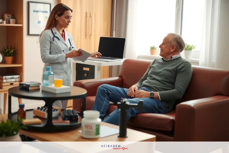 Medical consultation in a modern living room. Female doctor in white coat with laptop, elderly patient on the couch with laptop beside him.