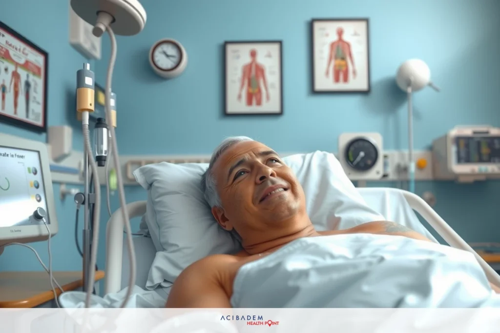 The image depicts a hospital room where an elderly man is lying in bed, seemingly ill. The room has medical equipment and posters related to healthcare visible on the walls.