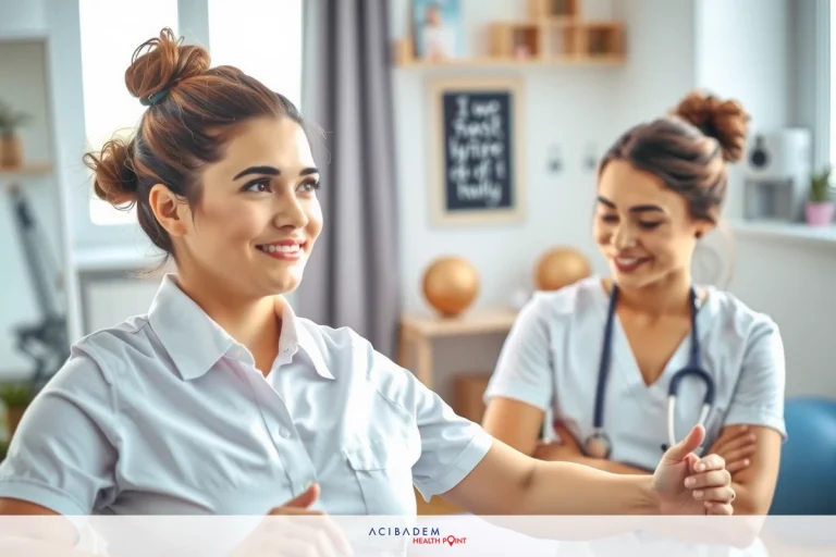 Two smiling, happy female doctors in white uniforms inside a modern clinic. One is examining the other's arm with a stethoscope and both appear to be in good spirits.