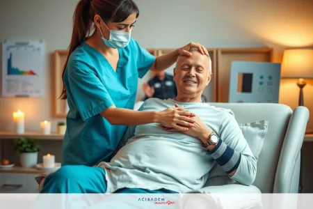 Thigh Ache Relief Tips – Expert Patient Advice In the image, a healthcare professional is assisting an elderly patient with their breathing while seated in a hospital bed. The environment appears to be well-lit and sterile, suggesting it could be a medical facility. There are medical devices visible in the background which reinforces this setting. The focus of the scene is on providing care and support to the individual, emphasizing the importance of healthcare services for all ages.