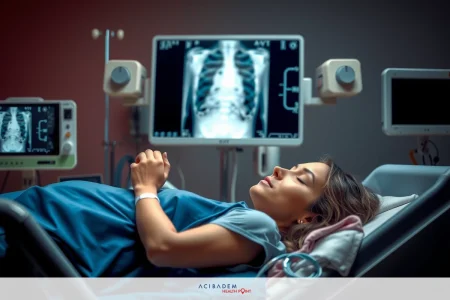 The image captures a hospital scene with a woman lying in a bed. She is hooked up to medical equipment, and what appears to be a heart monitor. There are two large monitors displaying medical images of her body, suggesting this could be a CT scan or a similar diagnostic test. The environment is sterile and clinical with white walls and flooring, emphasizing the seriousness of the situation.
