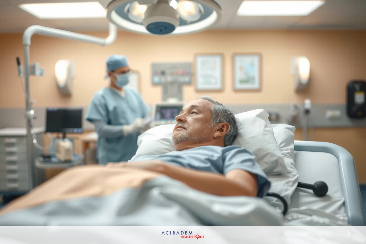 The image depicts a medical setting with two individuals, one lying in a hospital bed and the other standing beside him. The person on the bed appears to be unconscious or sedated, while the individual standing is wearing medical attire indicating they might be a doctor or nurse performing an examination or providing care.