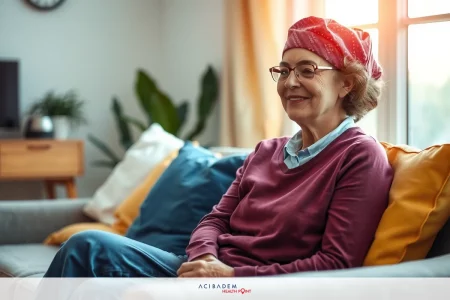 A woman wearing glasses and a headband sits on a couch in an indoor room. She has a warm smile. The living space includes a potted plant, and sunlight coming through a window.