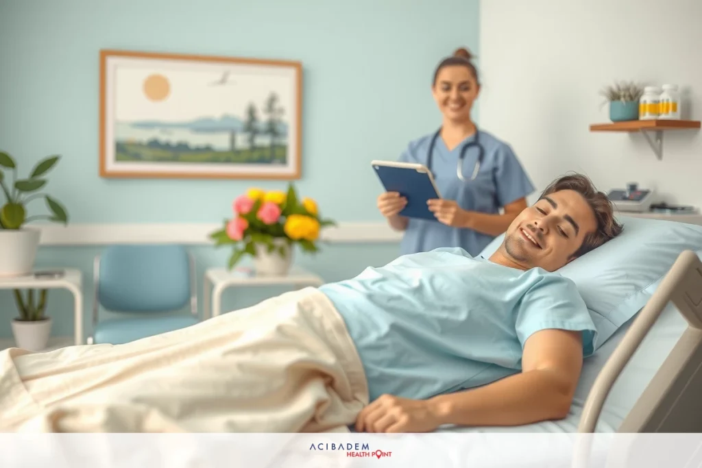 A cheerful male patient in a hospital bed being attended by a female nurse. They are both smiling, conveying warmth and empathy. The medical environment is well-lit with natural light coming through the window.