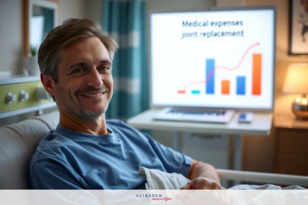 The image shows a man in t-shirt sitting in a hospital bed. He is looking at a presentation on a screen in front of him. The screen displays bar graphs and text, possibly related to medical expenses or healthcare data analysis.