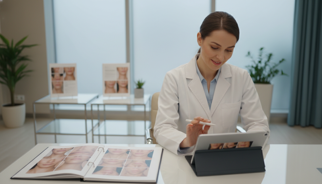 Reviewing patient portfolios and before-and-after galleries for jawline contouring Reviewing patient portfolios and before-and-after galleries for jawline contouring