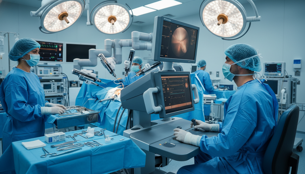 The surgical team performing robotic-assisted surgery